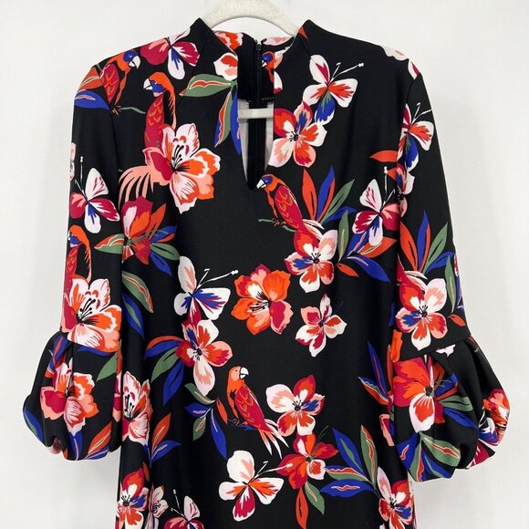 Floral Parrot Print Dress Keyhole Neckline‎ Puff Sleeve Party Cocktail Size XL - Picture 5 of 10